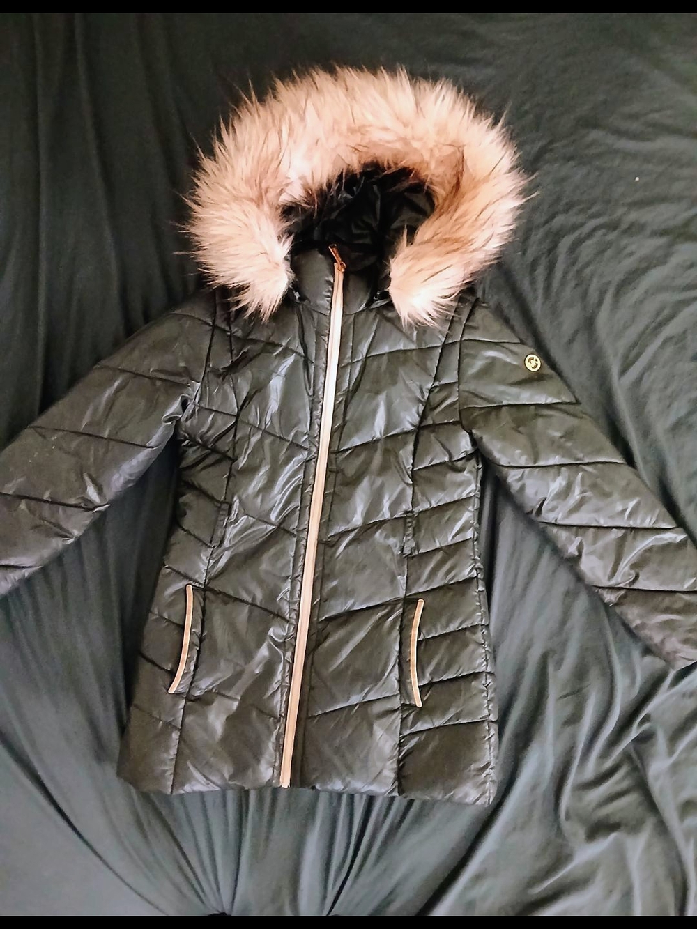 Michael Kors Black Quilted Hooded Puffer with Faux Fur Trim MICHAEL KORS